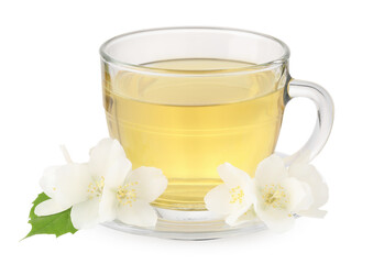 Aromatic herbal tea in glass cup and flowers isolated on white