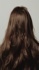Naklejka premium Back view of woman with long brown wavy hair, detailed close-up. Haircare and beauty concept