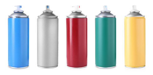 Different spray paint cans isolated on white, set