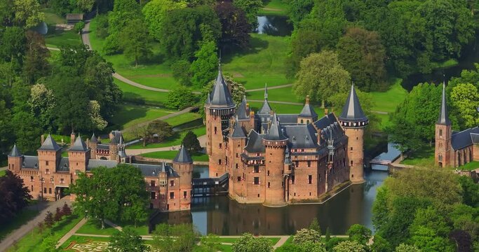 Aerial view. Utrecht Netherlands, Kasteel de Haar, old historical garden at castle de Haar Netherlands Utrecht on a sunset 