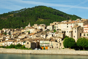 View of city of Sisteron in France, with the fort on top of the hill. Southern Alps, France