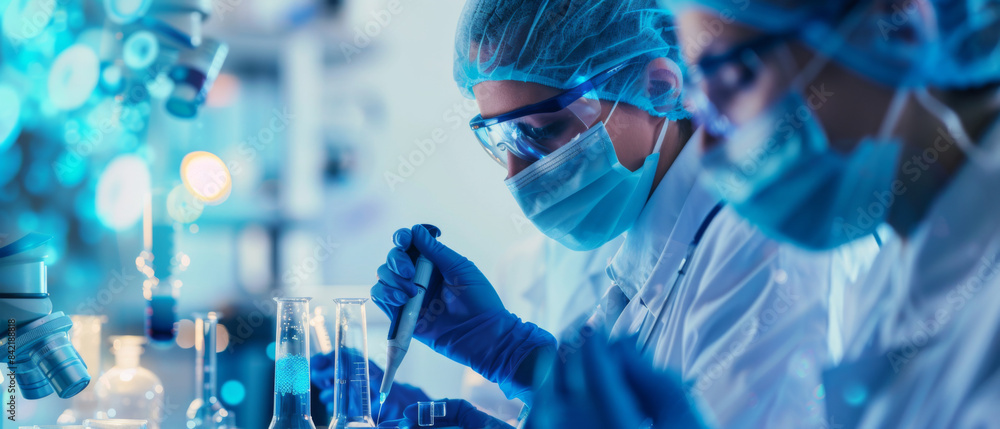 Poster a group of scientists in lab coats and gloves are working on a project