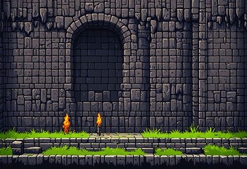 asset for a bit pixel platform mobile game,dirt grass wood tree bush stone dungeon castle background rpg roguelike