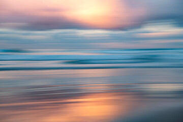 A serene and abstract seascape captured at sunset in Sydney, Australia, with soft pastel hues...