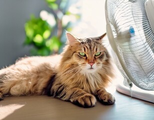Naklejka premium Adorable fluffy cat relaxing on an indoor table while the fan blows. Summertime warmth