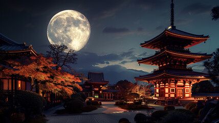 Obraz premium 満月の夜の日本の寺院