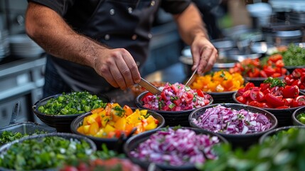 Obraz premium A chef preparing a colorful salad, illustrating healthy eating and nutrition.