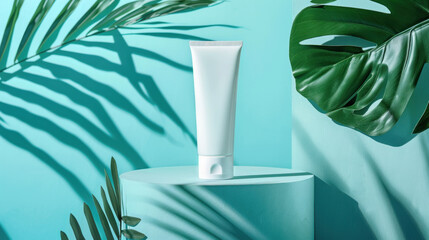 Fototapeta premium White Cosmetic Tube on a Green Pedestal with Tropical Leaves and Shadows