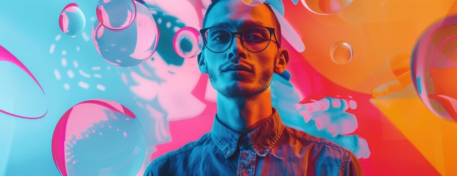 A man wearing glasses with a colorful background. AIGZ01