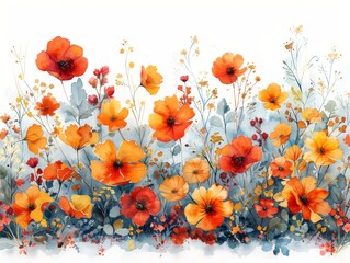 Autumn colored flowers and leaves on a white background. 