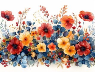 Autumn colored flowers and leaves on a white background. 