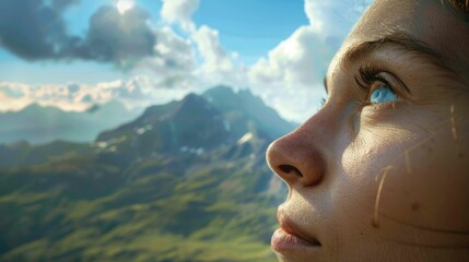 A happy woman smiles in a closeup with a beautiful mountain landscape in the background. She enjoys leisure and recreation while traveling in the natural landscape AIG50