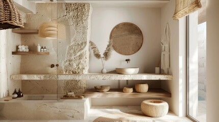 Bathroom with wooden shelves, stone details, wicker lamp, round mirror, beige floor, natural light, minimalist style