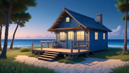 Obraz premium A charming wooden cottage on a grassy beachfront, its rustic exterior contrasting with the vivid blue of the ocean and sky, bathed in the soft light of dusk.