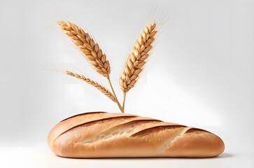 A loaf of bread with wheat ears isolated on a white background.