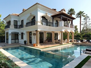 Luxurious Mediterranean-Style Mansion with Expansive Outdoor Pool and Elegant Architectural Details Surrounded by Lush Greenery