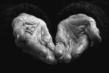A powerful black and white photograph depicting the wrinkled hands of an elderly person extended forward, symbolizing a life filled with experience and stories