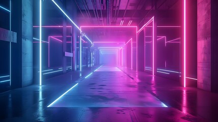 3D Rendering. Geometric figure in neon light against a dark tunnel. Laser glow.