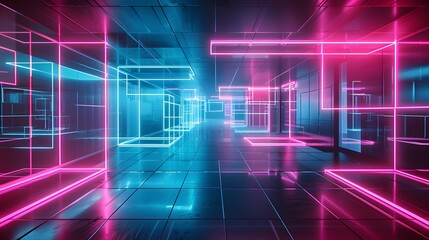 3D Rendering. Geometric figure in neon light against a dark tunnel. Laser glow.