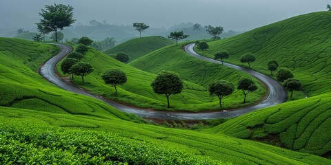 Fototapeta premium A scenic winding road through lush green rolling hills surrounded by vibrant, healthy trees under an overcast sky on a misty morning