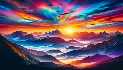 Stunning summer sunset behind mountains and trees, perfect for a wallpaper background