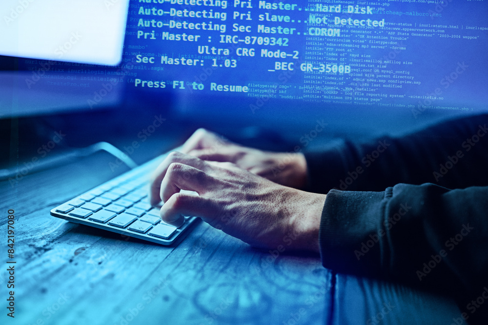 Poster hacker, hands and cyber security, overlay and website access. code, data protection and online cyber