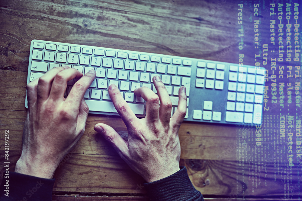 Fototapete hacker, hands and cyber security, code and website access. for data protection, overlay and online c