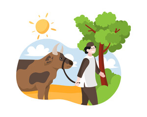 Men lead cow for Eid al-Adha sacrifice illustration. Eid al Adha celebration