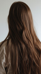 Fototapeta premium Back view of a woman with long brown hair indoors, minimalist style. Haircare and beauty concept