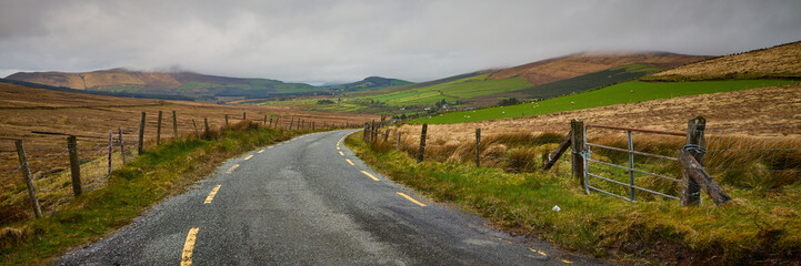 Curvy road cutting through Irish valley