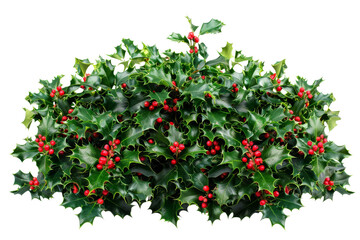 Close-up of a lush holly bush with vibrant green leaves and bright red berries, perfect for holiday and festive season stock photo usage.