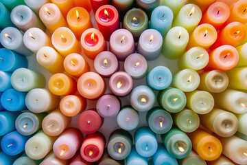 An abundant collection of small candles in various colors and shapes, tightly arranged to fill the entire frame. The candles display a range of hues from pastel to bright.