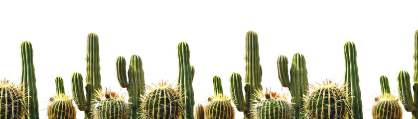 Row of tall cacti isolated on white background, showcasing detailed textures and patterns. Perfect for desert-themed or botanical projects.