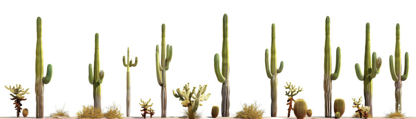 Scenic desert landscape featuring tall saguaro cacti and various desert plants under a clear sky, representing a serene and arid environment.