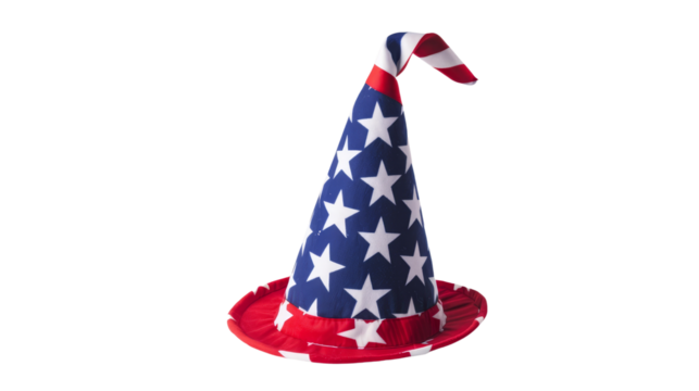Photograph of a wizard hat with a blue, white star pattern, and red brim, perfect for Independence Day celebrations and patriotic parties.
