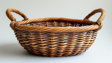 Obraz premium Handmade wicker basket with handles on white background, traditional craft and home decor concept