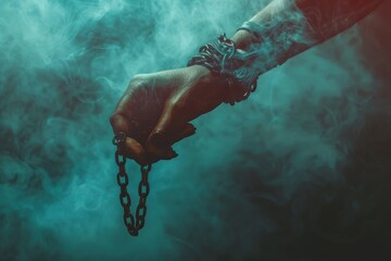 A striking image showcasing a hand bound by chains enveloped in mystical smoke, depicting themes of restriction, struggle, and liberation in an ethereal atmosphere