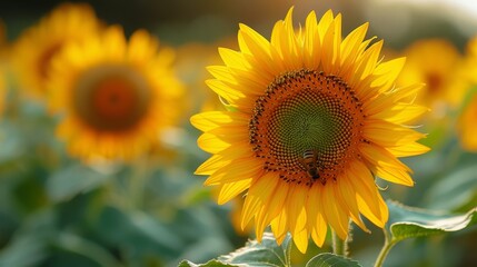 Obraz premium A bee pollinating a sunflower on a sunny summer day. 