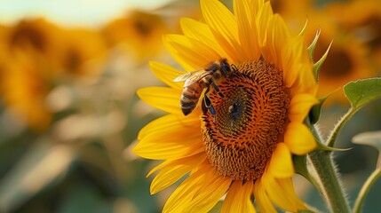 Naklejka premium A bee pollinating a sunflower on a sunny summer day. 