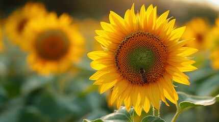 Naklejka premium A bee pollinating a sunflower on a sunny summer day. 