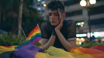 A contemplative young adult with a dramatic makeup look rests on a rainbow flag in a bustling city setting at dusk, highlighting themes of identity and pride