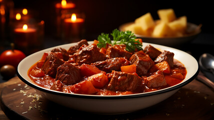 Fototapeta premium Beef Bourguignon in a clay pot on a dark background
