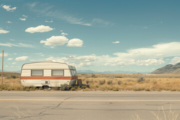 Copy space of a caravan standing on an American scenic Route 66 highway, ideal for a travel and vacation wallpaper, providing ample copy space for text or messages