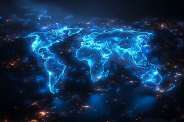 A digital world map with glowing cities, rendered in blue on a black background