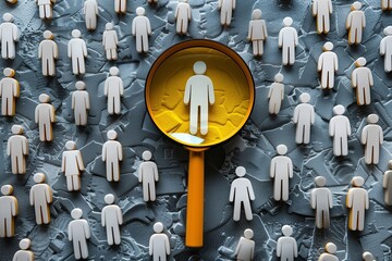 An overhead view of a yellow magnifying glass focusing on a single white human figure among many on a gray background