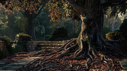 Fototapeta premium The tree s foundation and the roots that surface in the garden