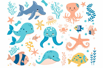 Set of cute marine animals in flat cartoon style. Sea life, ocean design elements for printing, poster, card. Vector illustration