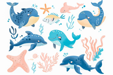 Fototapeta premium Set of cute marine animals in flat cartoon style. Sea life, ocean design elements for printing, poster, card. Vector illustration