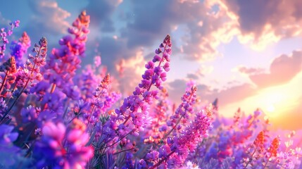 Obraz premium Beautiful purple lupine flowers on a hillside with the sun shining through them. 