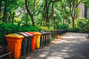Fototapeta premium A shot of a row of recycling bins in a well maintained city park